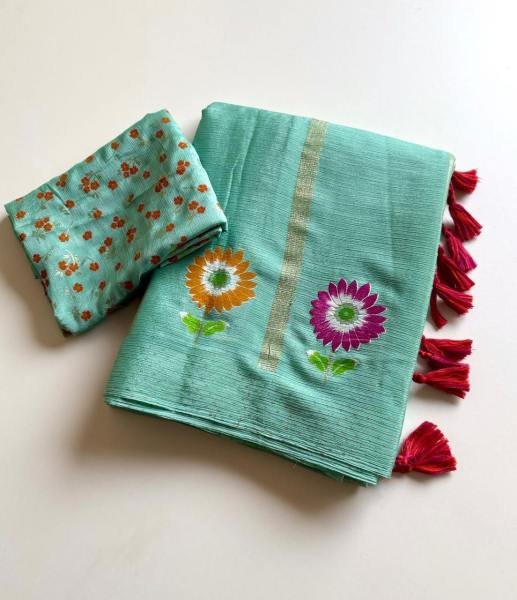 Soft Shinon Floral Print Saree with Fancy Latkan and Contrast Blouse At Best Rates Embroidery Sarees Wholesale