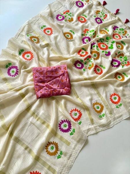 Soft Shinon Floral Print Saree with Fancy Latkan and Contrast Blouse At Best Rates Embroidery Sarees Wholesale
