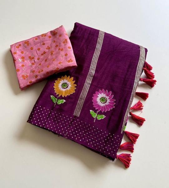 Soft Shinon Floral Print Saree with Fancy Latkan and Contrast Blouse At Best Rates Embroidery Sarees Wholesale