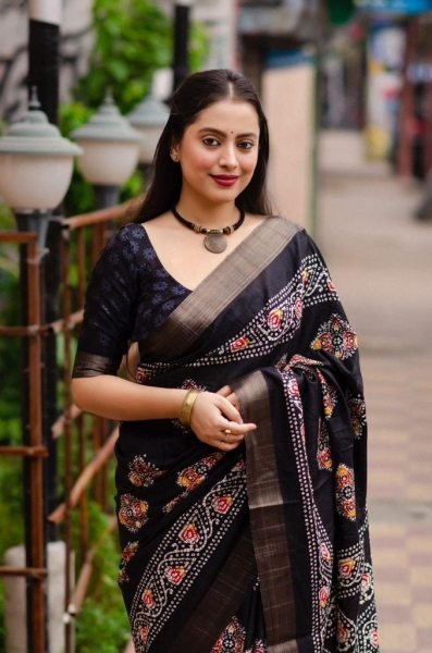 Soft silk slub woven saree with batik print deaign Saree Silk Sarees Wholesale