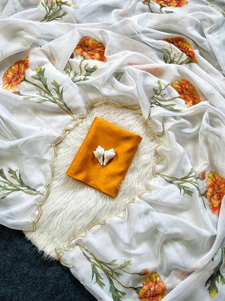 Soft Tabby Floral Printed Saree with Cutdana Work for Women Printed Cotton Sarees Wholesale