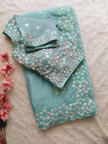 Soft Tabby Organza Saree with Hand Sequin Butta   Ready Stitched Blouse Online Sale Organza Sarees Wholesale