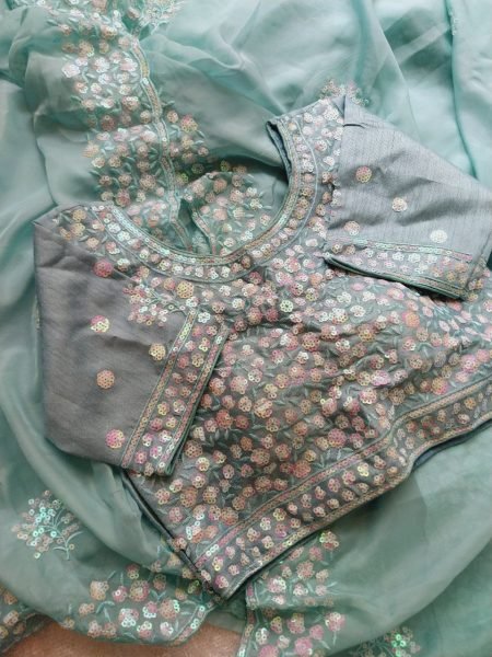 Soft Tabby Organza Saree with Hand Sequin Butta   Ready Stitched Blouse Online Sale Organza Sarees Wholesale