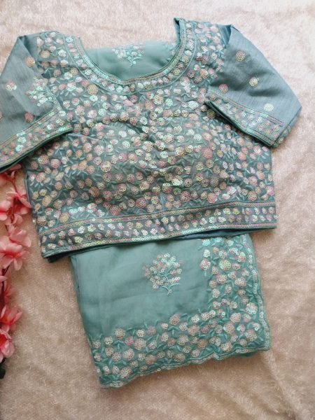 Soft Tabby Organza Saree with Hand Sequin Butta   Ready Stitched Blouse Online Sale Organza Sarees Wholesale