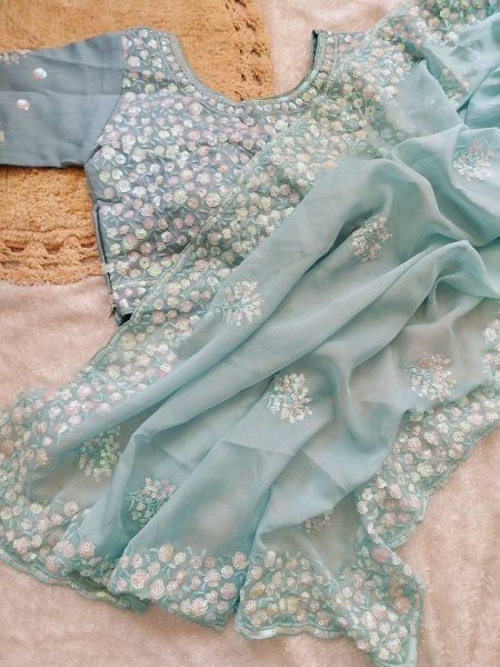 Soft Tabby Organza Saree with Hand Sequin Butta   Ready Stitched Blouse Online Sale Organza Sarees Wholesale