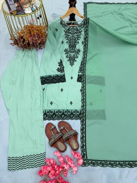 Summer Special Soft Tone Fit Pista Farshi Suit  With Four Side Lace Border Dupatta For Special occasions  Ready To Wear Collection