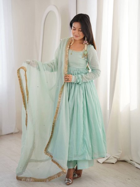 Soft Touch Aqua Green Faux Fabric Gown with 5 Meter Flair and Lace Border Dupatta 