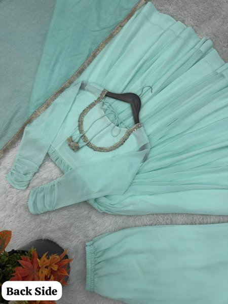Soft Touch Aqua Green Faux Fabric Gown with 5 Meter Flair and Lace Border Dupatta Ready To Wear Collection