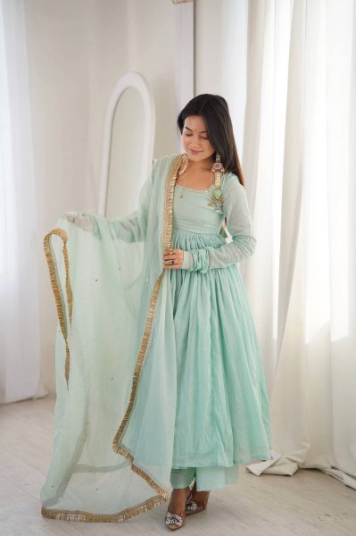 Soft Touch Aqua Green Faux Fabric Gown with 5 Meter Flair and Lace Border Dupatta Ready To Wear Collection