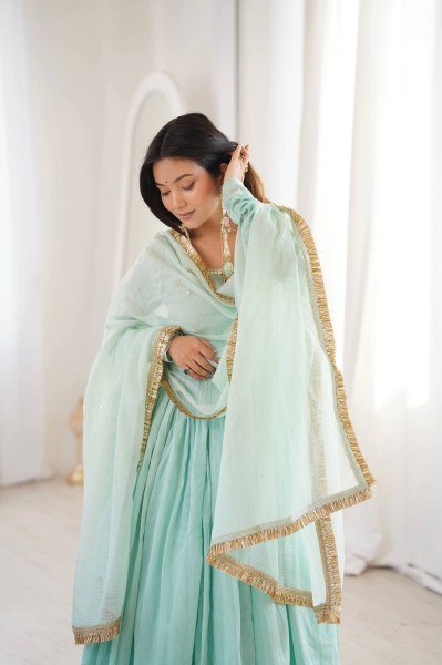 Soft Touch Aqua Green Faux Fabric Gown with 5 Meter Flair and Lace Border Dupatta Ready To Wear Collection