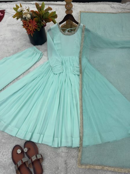 Soft Touch Aqua Green Faux Fabric Gown with 5 Meter Flair and Lace Border Dupatta Ready To Wear Collection