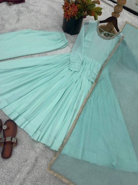 Soft Touch Aqua Green Faux Fabric Gown with 5 Meter Flair and Lace Border Dupatta Ready To Wear Collection