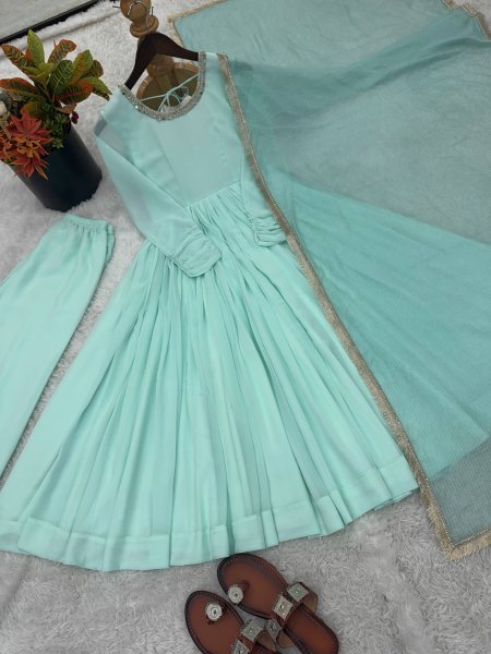 Soft Touch Aqua Green Faux Fabric Gown with 5 Meter Flair and Lace Border Dupatta Ready To Wear Collection