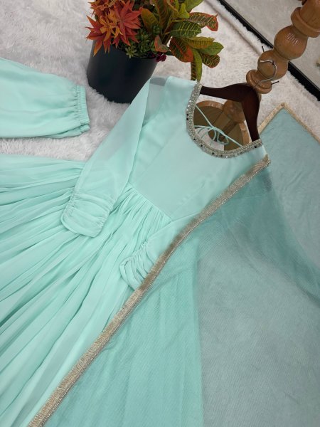 Soft Touch Aqua Green Faux Fabric Gown with 5 Meter Flair and Lace Border Dupatta Ready To Wear Collection