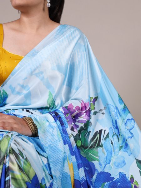 Soft Touch Satin Silk Printed Saree Fresh Summer Fashion in Sky Blue    Daily Wear Delight with Bulk Deals for Resellers Silk Sarees Wholesale