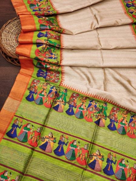 Soft Tussar Silk Saree with Traditional Kalamkari Prints & Zari Lined Pallu Silk Sarees Wholesale