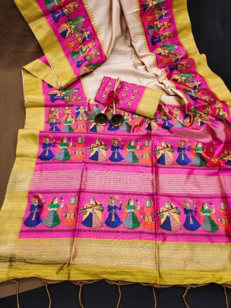 Soft Tussar Silk Saree with Traditional Kalamkari Prints & Zari Lined Pallu Silk Sarees Wholesale