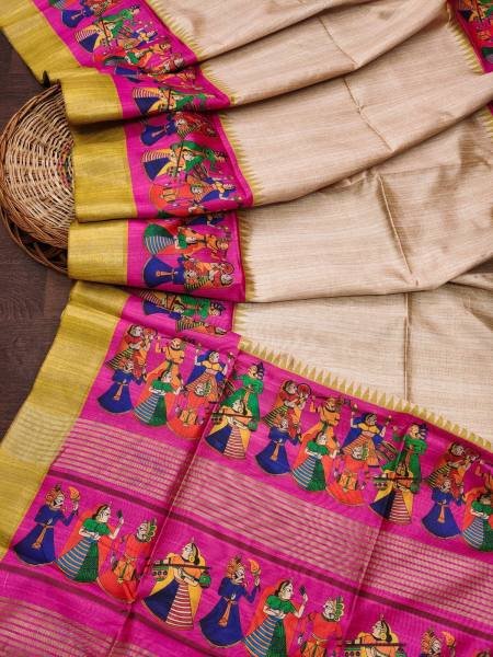 Soft Tussar Silk Saree with Traditional Kalamkari Prints & Zari Lined Pallu Silk Sarees Wholesale