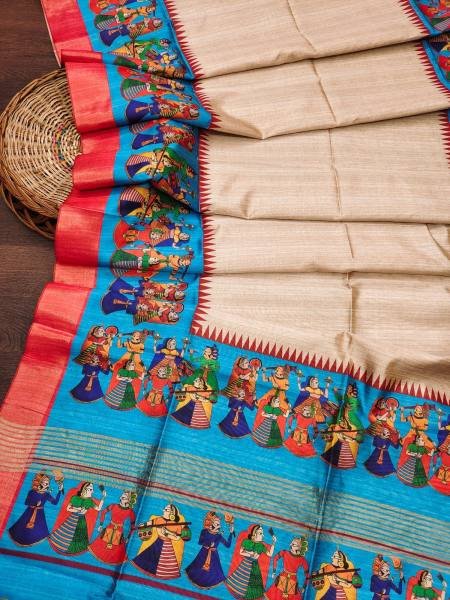 Soft Tussar Silk Saree with Traditional Kalamkari Prints & Zari Lined Pallu Silk Sarees Wholesale