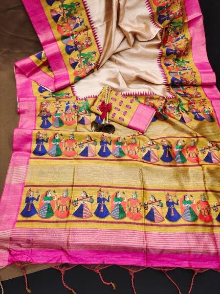 Soft Tussar Silk Saree with Traditional Kalamkari Prints & Zari Lined Pallu Silk Sarees Wholesale