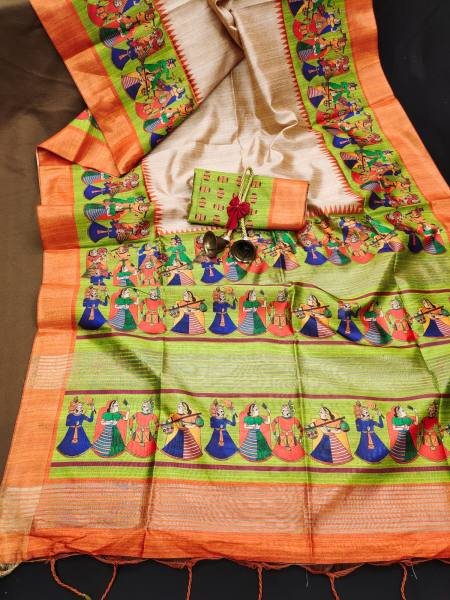 Soft Tussar Silk Saree with Traditional Kalamkari Prints & Zari Lined Pallu Silk Sarees Wholesale