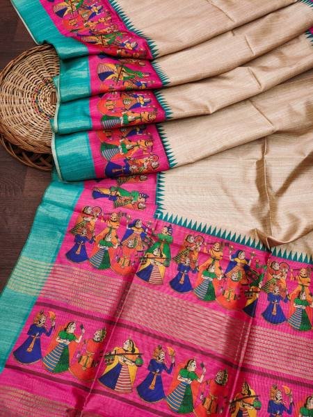 Soft Tussar Silk Saree with Traditional Kalamkari Prints & Zari Lined Pallu Silk Sarees Wholesale