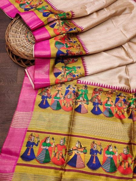 Soft Tussar Silk Saree with Traditional Kalamkari Prints & Zari Lined Pallu Silk Sarees Wholesale