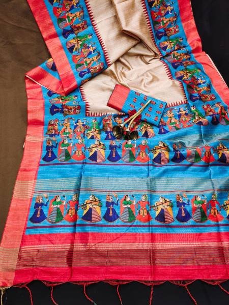 Soft Tussar Silk Saree with Traditional Kalamkari Prints & Zari Lined Pallu Silk Sarees Wholesale