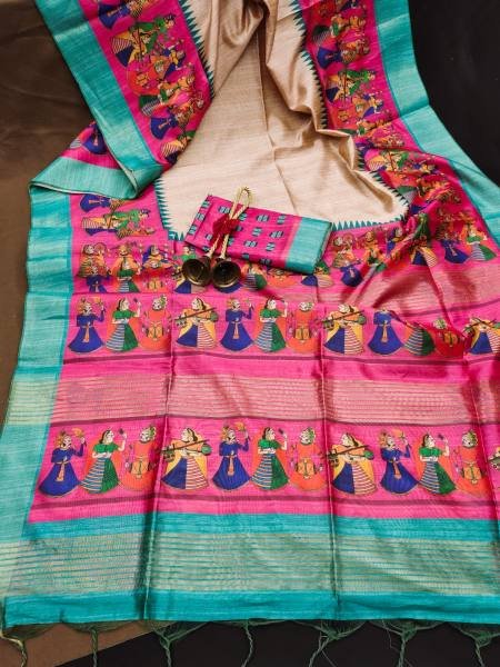 Soft Tussar Silk Saree with Traditional Kalamkari Prints & Zari Lined Pallu Silk Sarees Wholesale