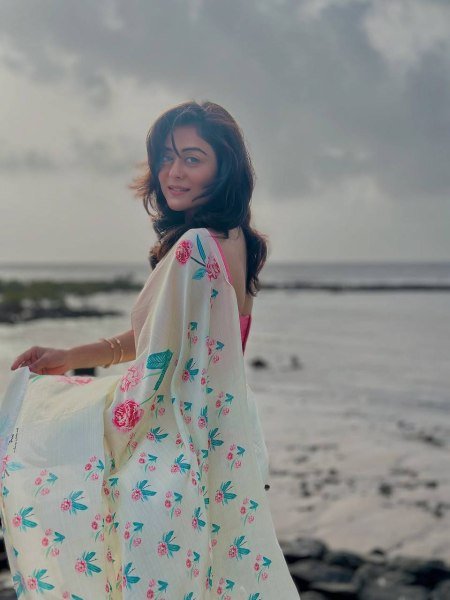 soft white japan satin saree with green leaf floral design lightweight and elegant Silk Sarees Wholesale