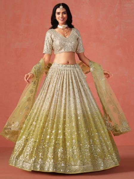 Soft Yellow Beige Ombre Georgette Lehenga Set with Silver Zari Embroidery And Heavy Sequin Work  Lehenga