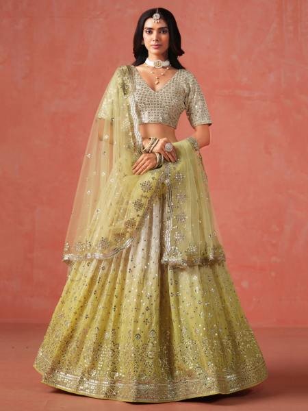 Soft Yellow Beige Ombre Georgette Lehenga Set with Silver Zari Embroidery And Heavy Sequin Work Bridal Lehenga Choli