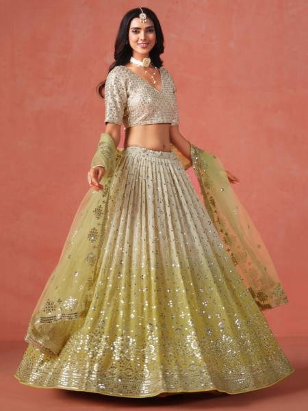 Soft Yellow Beige Ombre Georgette Lehenga Set with Silver Zari Embroidery And Heavy Sequin Work Bridal Lehenga Choli