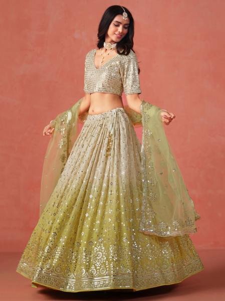 Soft Yellow Beige Ombre Georgette Lehenga Set with Silver Zari Embroidery And Heavy Sequin Work Bridal Lehenga Choli