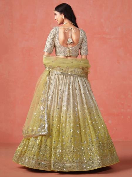 Soft Yellow Beige Ombre Georgette Lehenga Set with Silver Zari Embroidery And Heavy Sequin Work Bridal Lehenga Choli