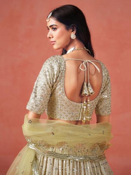 Soft Yellow Beige Ombre Georgette Lehenga Set with Silver Zari Embroidery And Heavy Sequin Work Bridal Lehenga Choli