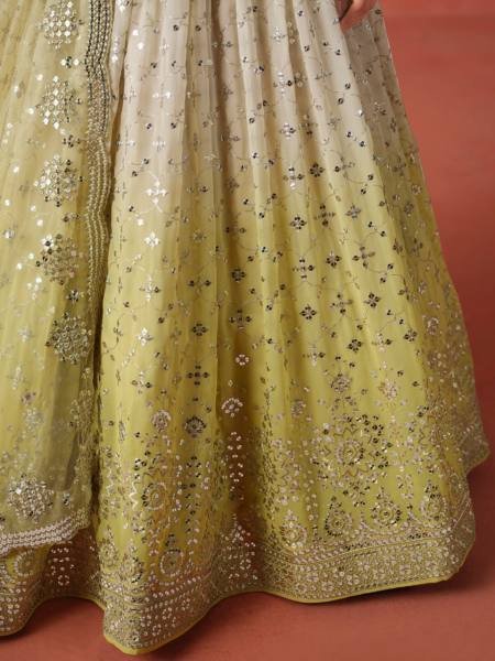 Soft Yellow Beige Ombre Georgette Lehenga Set with Silver Zari Embroidery And Heavy Sequin Work Bridal Lehenga Choli