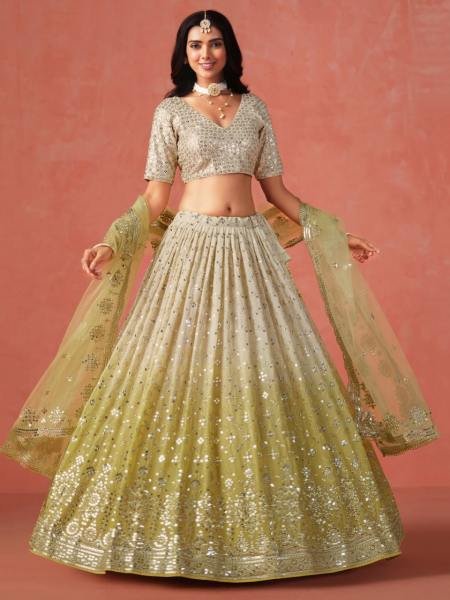 Soft Yellow Beige Ombre Georgette Lehenga Set with Silver Zari Embroidery And Heavy Sequin Work Bridal Lehenga Choli