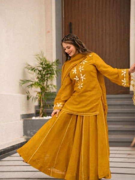soft Yellow Chiffon Charkhi Gota Work Sharara Suit with Elegant Dupatta Ready To Wear Suit