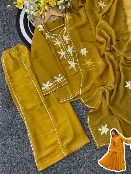 soft Yellow Chiffon Charkhi Gota Work Sharara Suit with Elegant Dupatta Ready To Wear Collection