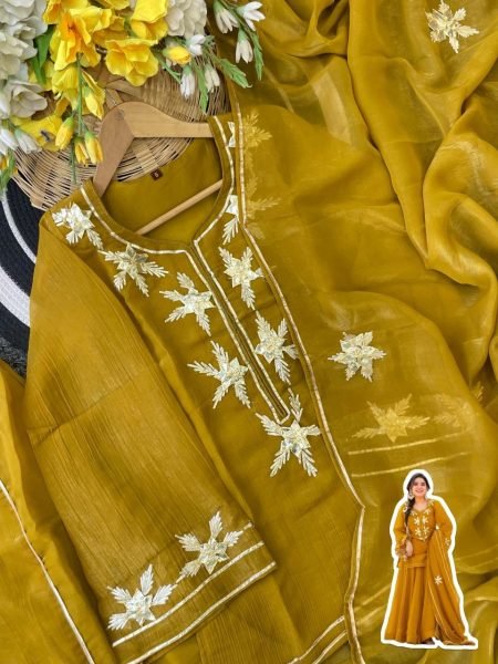 soft Yellow Chiffon Charkhi Gota Work Sharara Suit with Elegant Dupatta Ready To Wear Collection