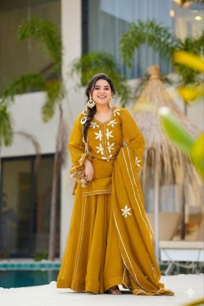 soft Yellow Chiffon Charkhi Gota Work Sharara Suit with Elegant Dupatta Ready To Wear Collection