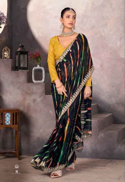 SoftFlow Georgette Saree by Sundri with Contrast Blouse Wedding Ready Look Georgette Sarees Wholesale