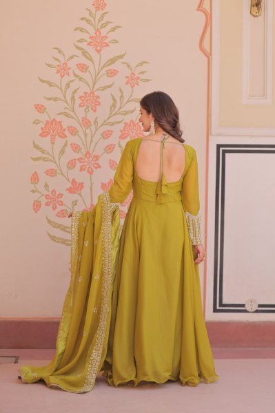 Softline Mehndi Party Wear Gown with Fancy V Neck and Dupatta Ready To Wear Collection