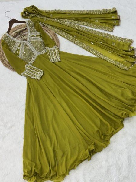 Softline Mehndi Party Wear Gown with Fancy V Neck and Dupatta Ready To Wear Collection