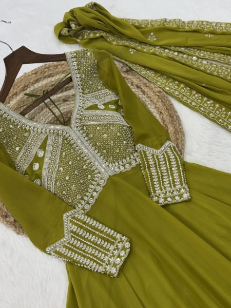 Softline Mehndi Party Wear Gown with Fancy V Neck and Dupatta Ready To Wear Collection