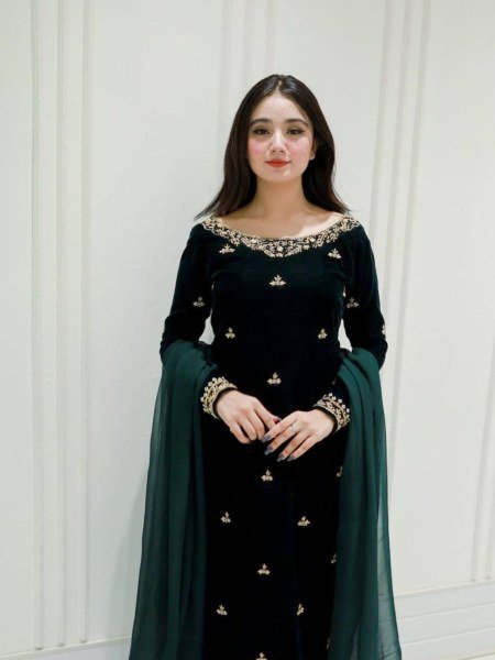 Solid Green Heavy Sequence  Embroidered Kurti Pant Set with Lace Border Georgette Dupatta Perfect for Party Nights Kurtis