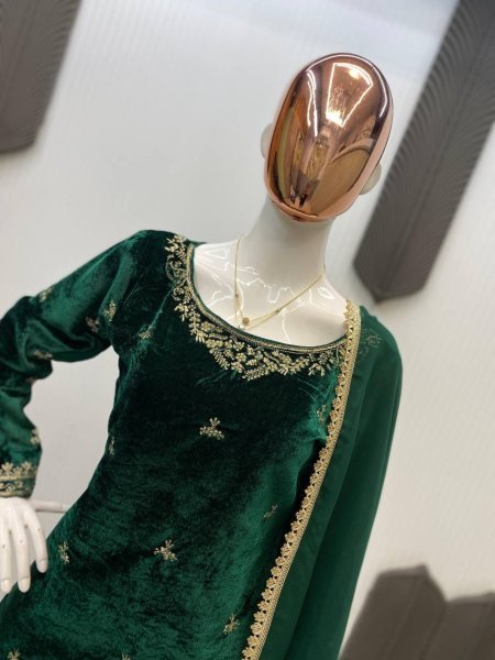 Solid Green Heavy Sequence  Embroidered Kurti Pant Set with Lace Border Georgette Dupatta Perfect for Party Nights  Straight Cut Long Kurtis