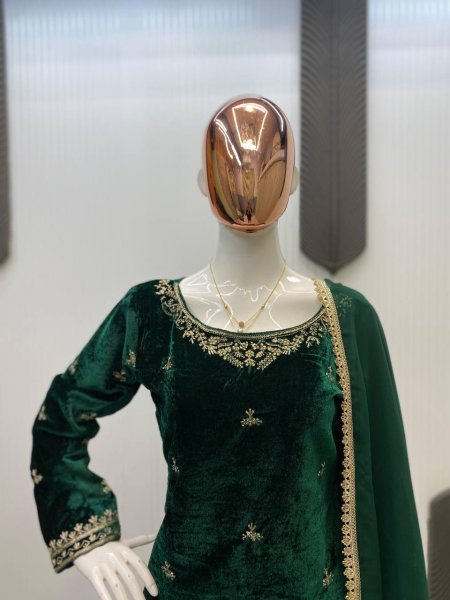 Solid Green Heavy Sequence  Embroidered Kurti Pant Set with Lace Border Georgette Dupatta Perfect for Party Nights  Straight Cut Long Kurtis