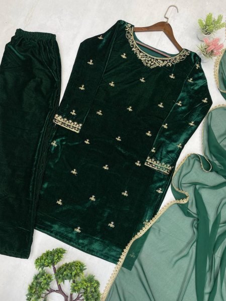 Solid Green Heavy Sequence  Embroidered Kurti Pant Set with Lace Border Georgette Dupatta Perfect for Party Nights  Straight Cut Long Kurtis